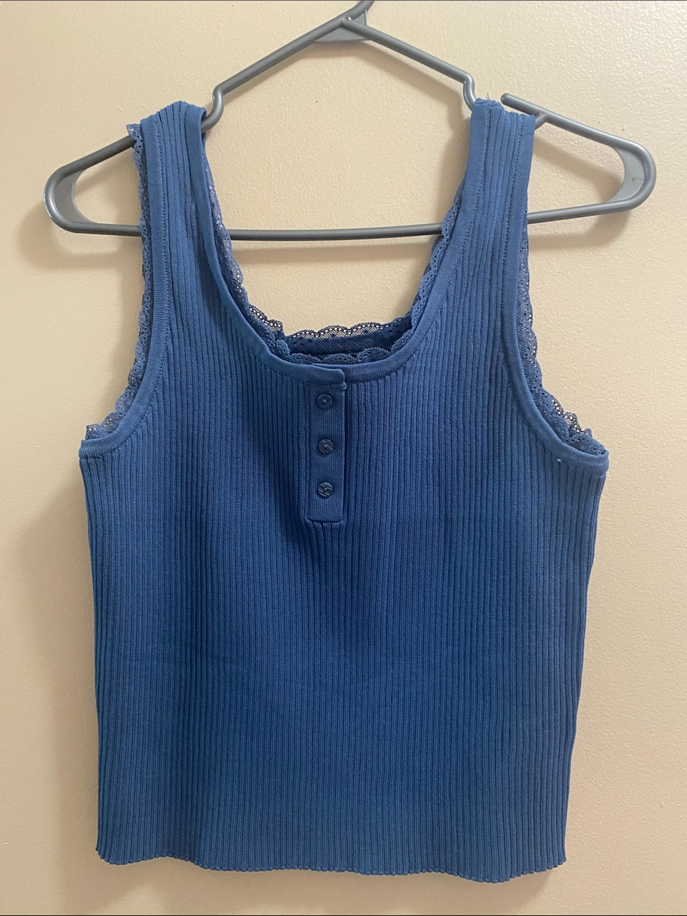 Primark Blue Ribbed Lace-Trim Henley Tank